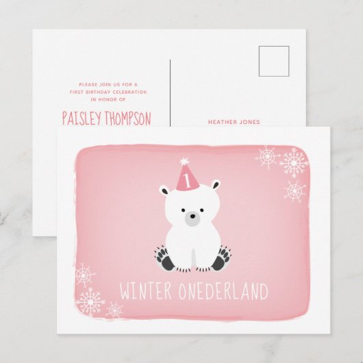 Pink Polar Beer Winter Onederland Eerste verjaarda Uitnodiging Briefkaart (Voorkant / Achterkant)