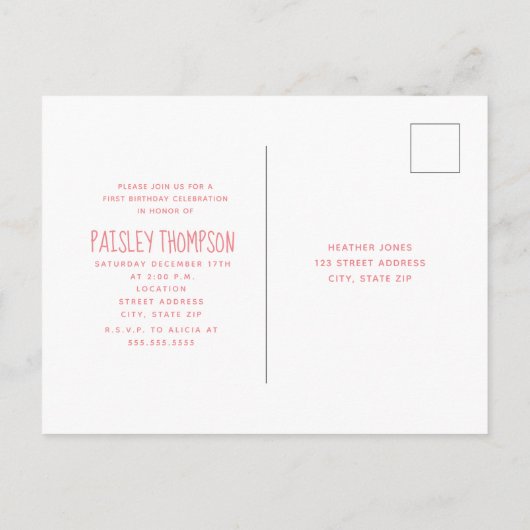 Pink Polar Beer Winter Onederland Eerste verjaarda Uitnodiging Briefkaart (Achterkant)