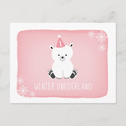 Pink Polar Beer Winter Onederland Eerste verjaarda Uitnodiging Briefkaart (Voorkant)