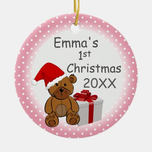 Pink Polka Dot Baby eerste kerstjaar Keramisch Ornament (Voorkant)
