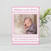 Pink Polka-Dot Baby Girl Geboorteaankondiging Aankondiging (Staand voorkant)
