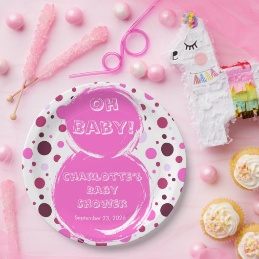 Pink polka dot baby shower Paper plates Papieren Bordje (Feest)