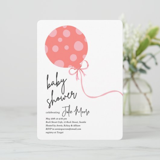 Pink Polka Dot Balloon Baby shower Kaart (Staand voorkant)