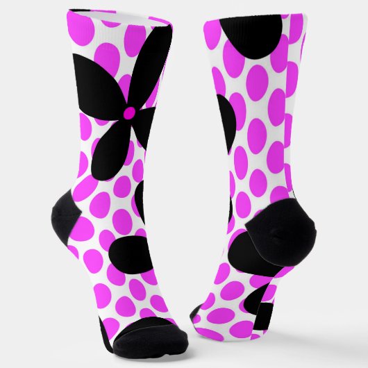 Pink Polka Dot Black Retro Flower Crazy Sokken (Gebogen)