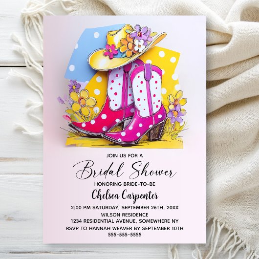 Pink Polka Dot Boots and Cowboy Hat Bridal Shower Kaart