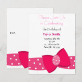 Pink Polka Dot Bow Birthday Uitnodiging (Voorkant / Achterkant)