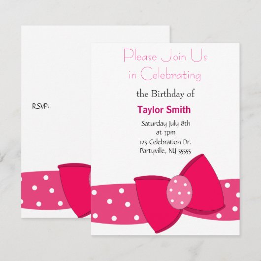 Pink Polka Dot Bow Birthday Uitnodiging (Voorkant / Achterkant)