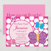Pink Polka Dot Butterfly Birthday Party Invitation Kaart (Voorkant / Achterkant)