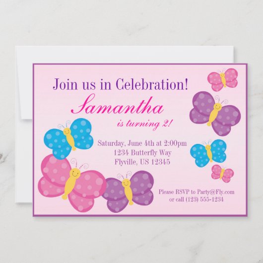 Pink Polka Dot Butterfly Birthday Party Invite Kaart (Voorkant)