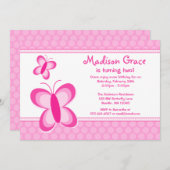 Pink Polka Dot Butterfly Birthday Uitnodiging (Voorkant / Achterkant)