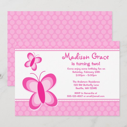 Pink Polka Dot Butterfly Birthday Uitnodiging (Voorkant / Achterkant)