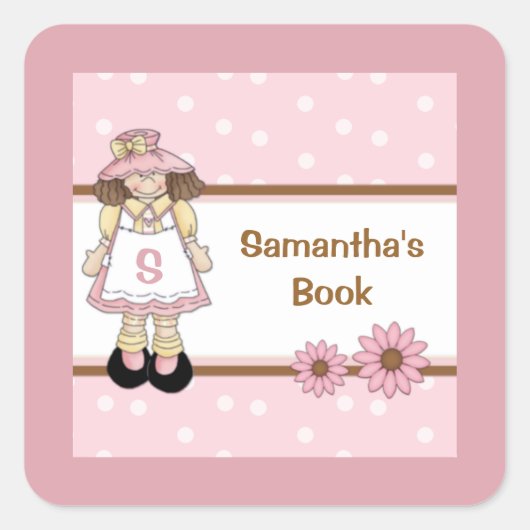 Pink Polka Dot Child's gepersonaliseerde boekenpla Vierkante Sticker (Voorkant)