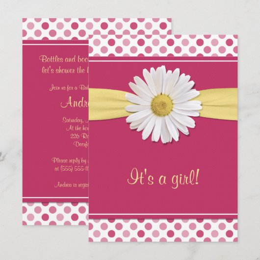 Pink Polka Dot Daisy Baby shower Uitnodiging (Voorkant / Achterkant)