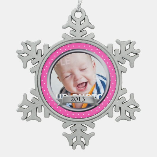 Pink Polka Dot Familiefoto Tin Sneeuwvlok Ornament (Voorkant)
