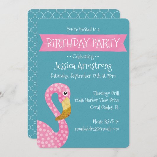 Pink Polka Dot Flamingo Birthday Kaart (Voorkant / Achterkant)
