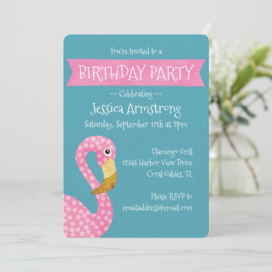Pink Polka Dot Flamingo Birthday Kaart (Staand voorkant)