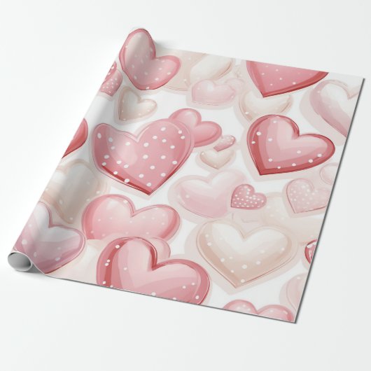 Pink Polka Dot Hearts Cadeaupapier (Uitgerold)