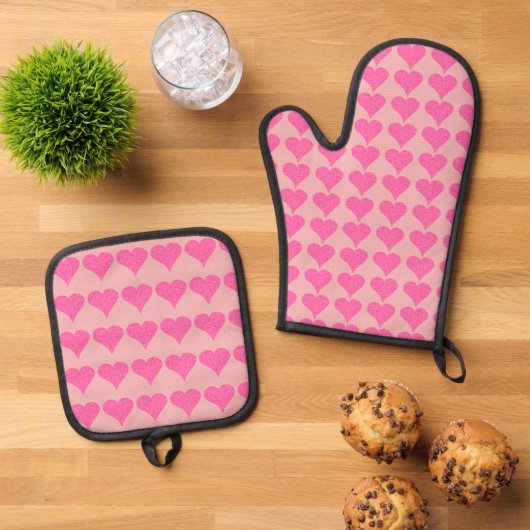 Pink Polka Dot Hearts Ovenwant & Pannenlap Set (Top down)
