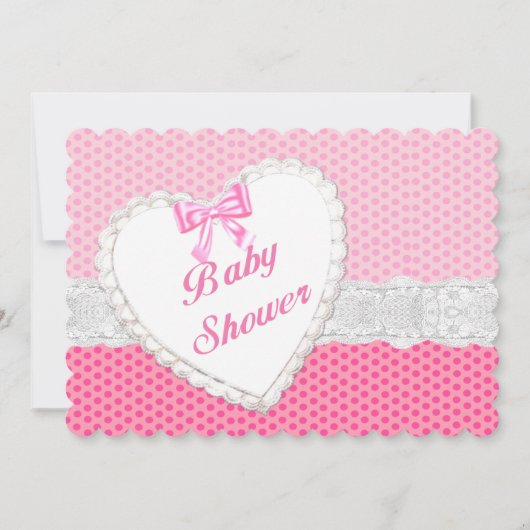 Pink Polka Dot Lace Heart Baby shower Uitnodiging (Voorkant)