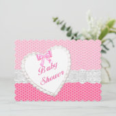 Pink Polka Dot Lace Heart Baby shower Uitnodiging (Staand voorkant)