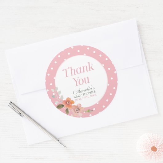 Pink Polka Dot met Delicate Floral Dank je Ronde Sticker (Envelop)