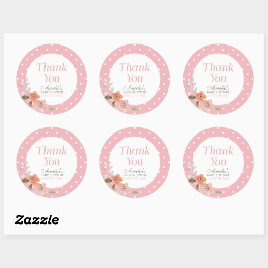 Pink Polka Dot met Delicate Floral Dank je Ronde Sticker (Vel)