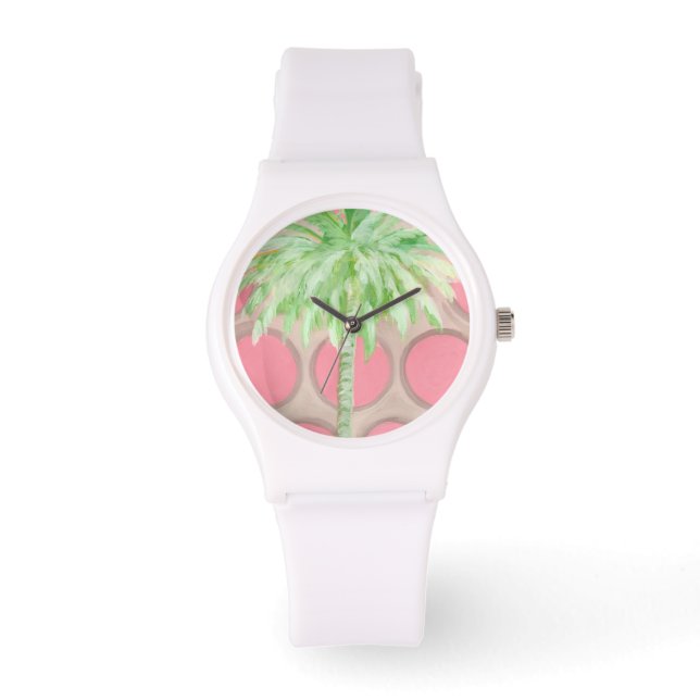 Pink Polka Dot Palm Tree horloge (Voorkant)