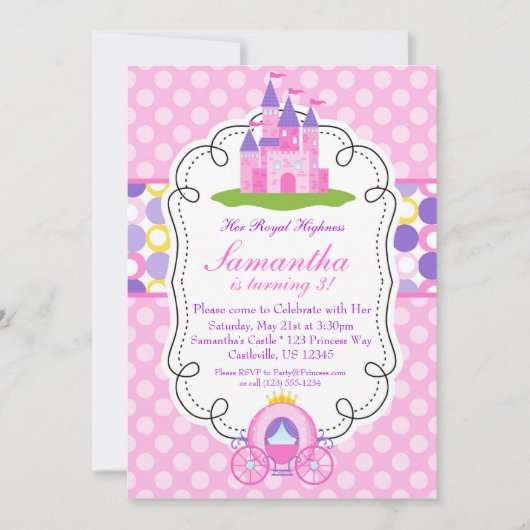 Pink Polka Dot Princess Birthday Party Kaart (Voorkant)
