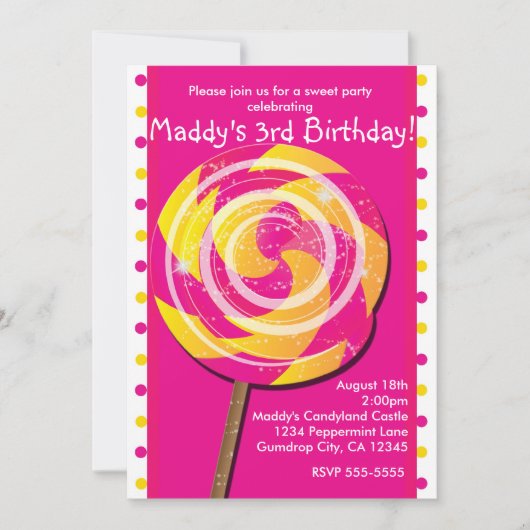 Pink Polka Dot Snoep Land Lollipop Invitation Kaart (Voorkant)