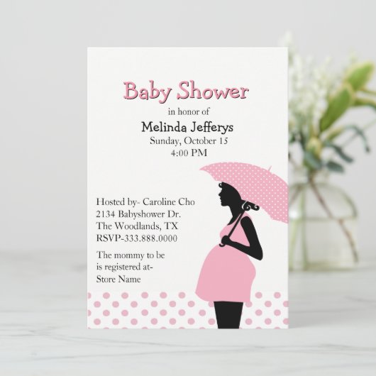 Pink Polka Dot Umbrella Baby shower Uitnodiging (Staand voorkant)
