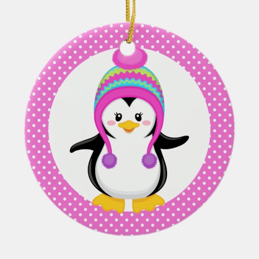 Pink Polka Dot Winter Penguin Girl Keramisch Ornament (Voorkant)