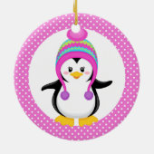 Pink Polka Dot Winter Penguin Girl Keramisch Ornament (Achterkant)