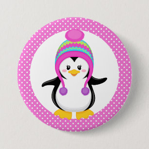 Pink Polka Dot Winter Penguin Girl Ronde Button 7,6 Cm