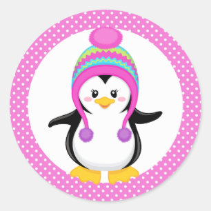 Pink Polka Dot Winter Penguin Girl Ronde Sticker
