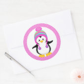 Pink Polka Dot Winter Penguin Girl Ronde Sticker (Envelop)