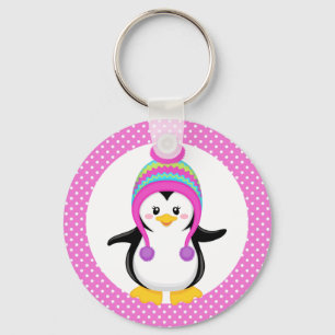 Pink Polka Dot Winter Penguin Girl Sleutelhanger
