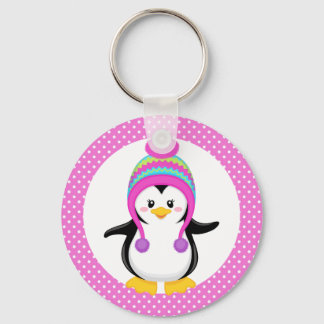 Pink Polka Dot Winter Penguin Girl Sleutelhanger