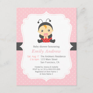 Pink Polka Dots Cute Ladybug Girl Baby shower Kaart