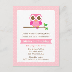 Pink Polka Dots Cute Owl Birthday Party Kaart