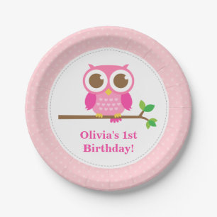 Pink Polka Dots Cute Owl Birthday Party Papieren Bordje