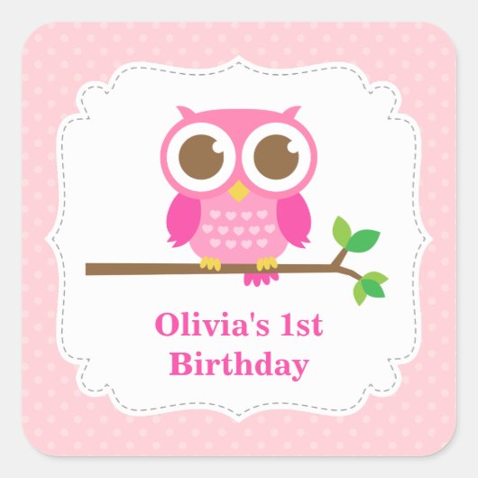 Pink Polka Dots Cute Owl Birthday Party Vierkante Sticker (Voorkant)