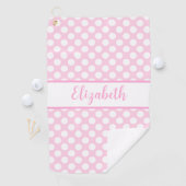 Pink polka dots golf towel ladies custom name golfhanddoek (Insitu)