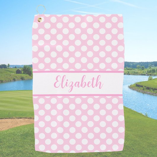 Pink polka dots golf towel ladies custom name golfhanddoek