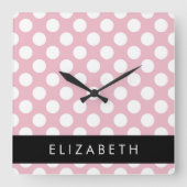 Pink Polka Dots, Polka Dot Pattern, Jouw naam Vierkante Klok (Voorkant)