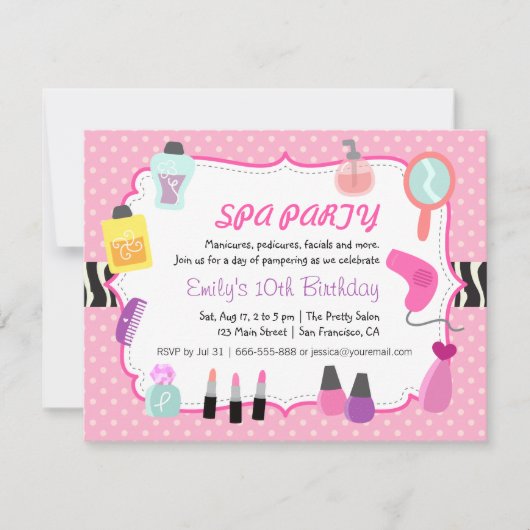 Pink Polka Dots Spa Birthday Party Invitation Kaart (Voorkant)