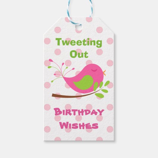 Pink Polkadot Bird Birthday Tweet Cadeaulabel (Voorkant)