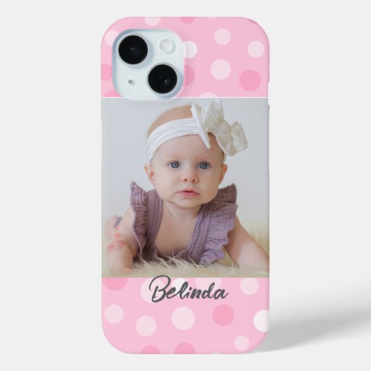 Pink Polkadot Photo Monogram iPhone Case  (Achterkant)