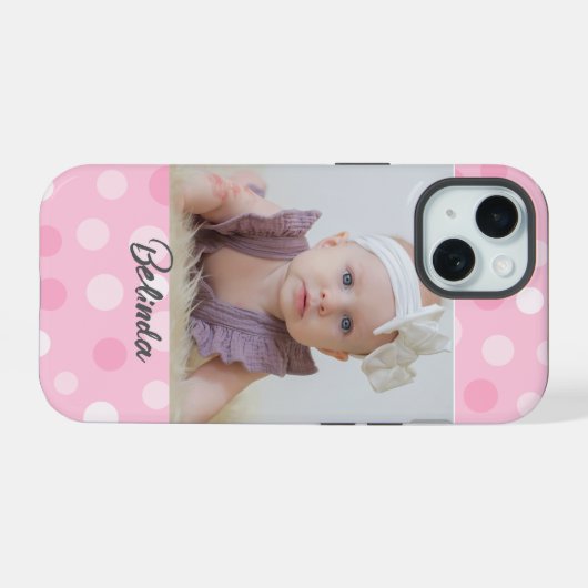 Pink Polkadot Photo Monogram iPhone Case  iPhone 15 Case (Achterkant horizontaal)