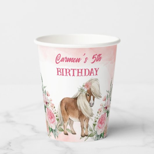 Pink pony verjaardag duizelig op cowgirl feest papieren bekers (Achterkant)