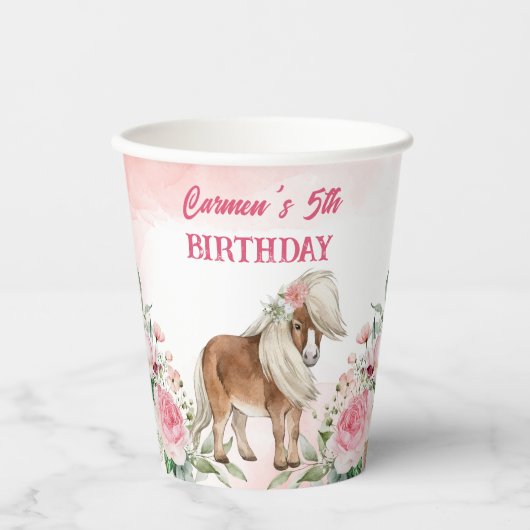 Pink pony verjaardag duizelig op cowgirl feest papieren bekers (Voorkant)